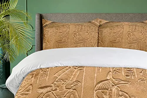 Ambesonne Egyptian Print Duvet Cover Set, Egyptian Hieroglyphs on The Wall Stone Surface Scripts Arts Theme Image, Decorative 3 Piece Bedding Set with 2 Pillow Shams, Queen Size, Brown