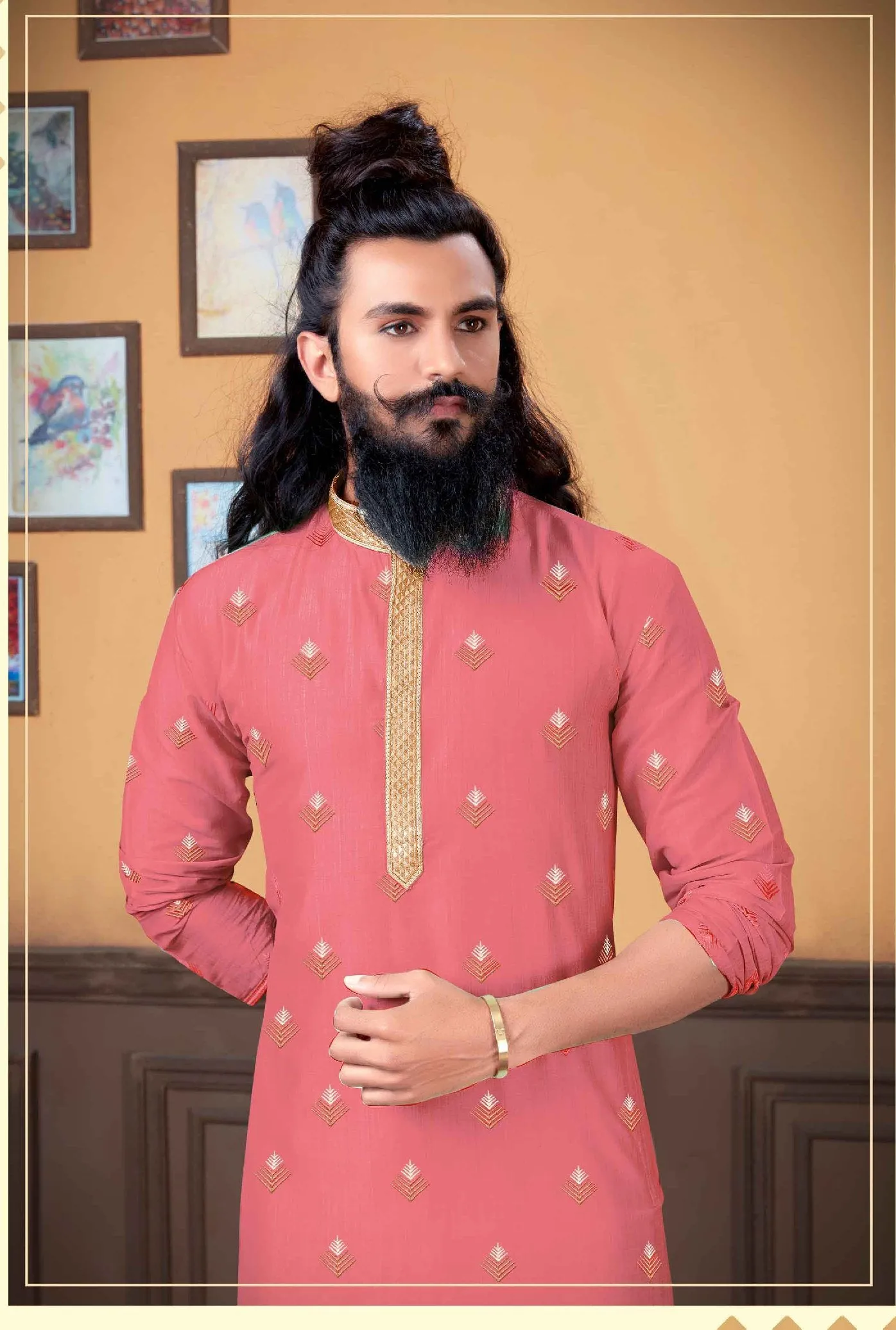 Appealing Pink Color Poly Blend Embroidery Kurta With Pajama Pant For Men