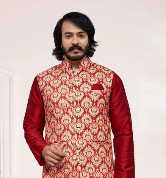 Appealing Red Color Silk Kurta And Pajama Set With Jacket For Men