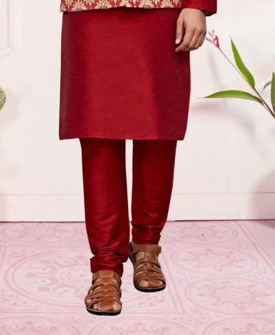 Appealing Red Color Silk Kurta And Pajama Set With Jacket For Men