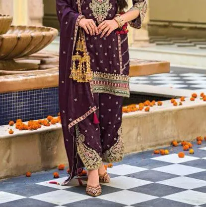 Appealing Violet Color Silk Embroidery Kurti With Palazzo Suit Sets For Women