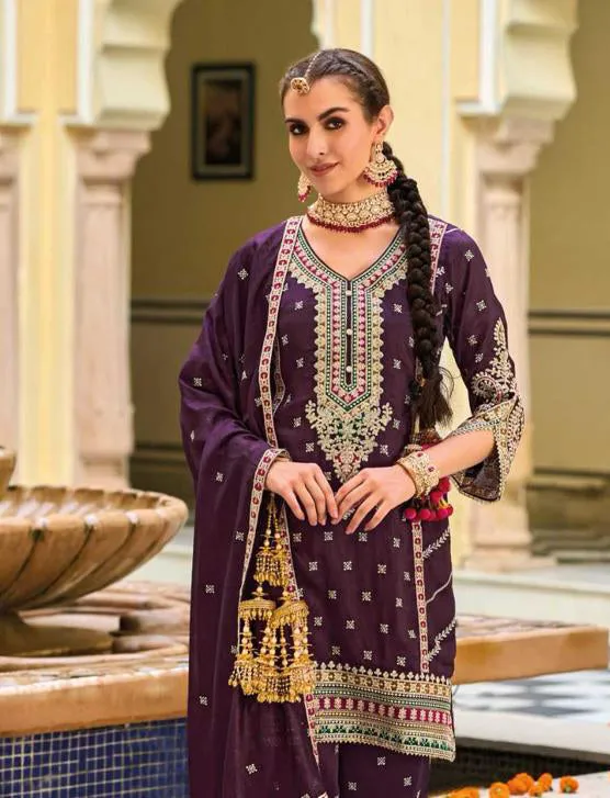 Appealing Violet Color Silk Embroidery Kurti With Palazzo Suit Sets For Women