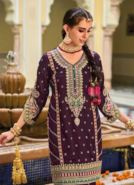 Appealing Violet Color Silk Embroidery Kurti With Palazzo Suit Sets For Women