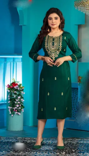 Attractive Green Colored Computer Dori Sequence Embroidery Work A - Line Kurti For Women