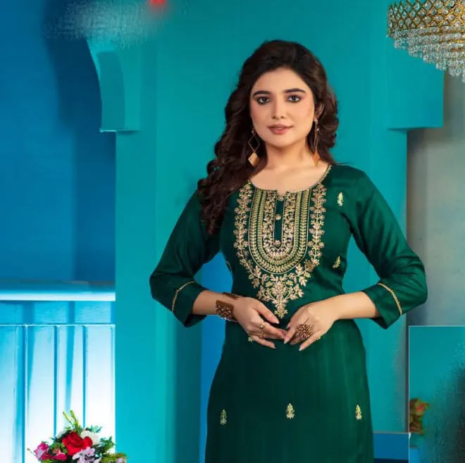 Attractive Green Colored Computer Dori Sequence Embroidery Work A - Line Kurti For Women