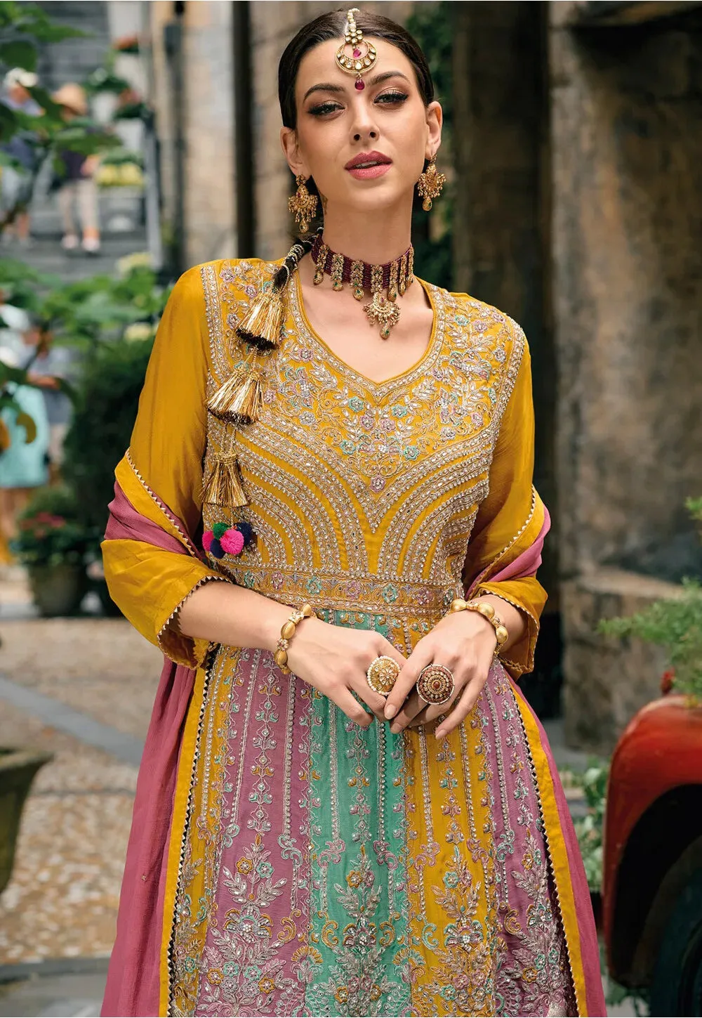 Attractive Multicolor Embroidered Chinon Chiffon Designer Pakistani Palazzo Suit For Women