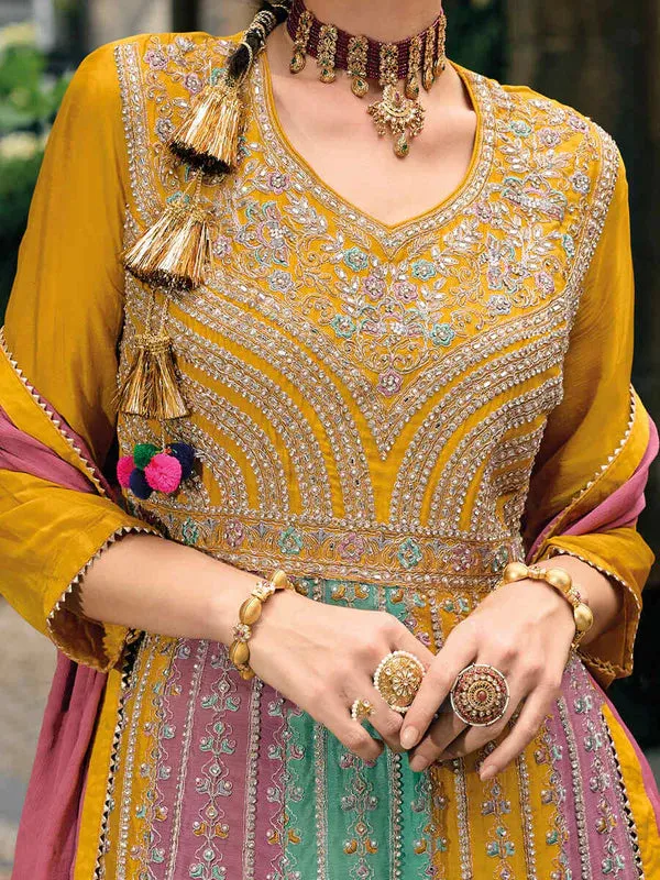 Attractive Multicolor Embroidered Chinon Chiffon Designer Pakistani Palazzo Suit For Women