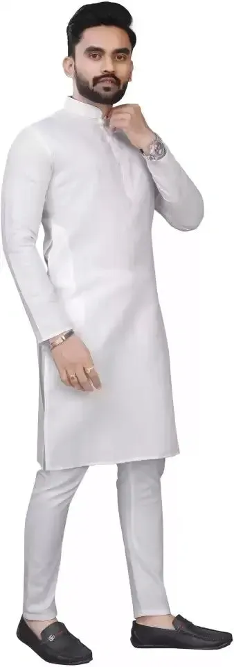 Attractive White Color Men Kurta And Pajama Set Pure Cotton With Silver Weaving Lining