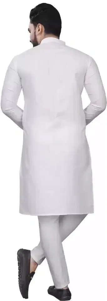 Attractive White Color Men Kurta And Pajama Set Pure Cotton With Silver Weaving Lining