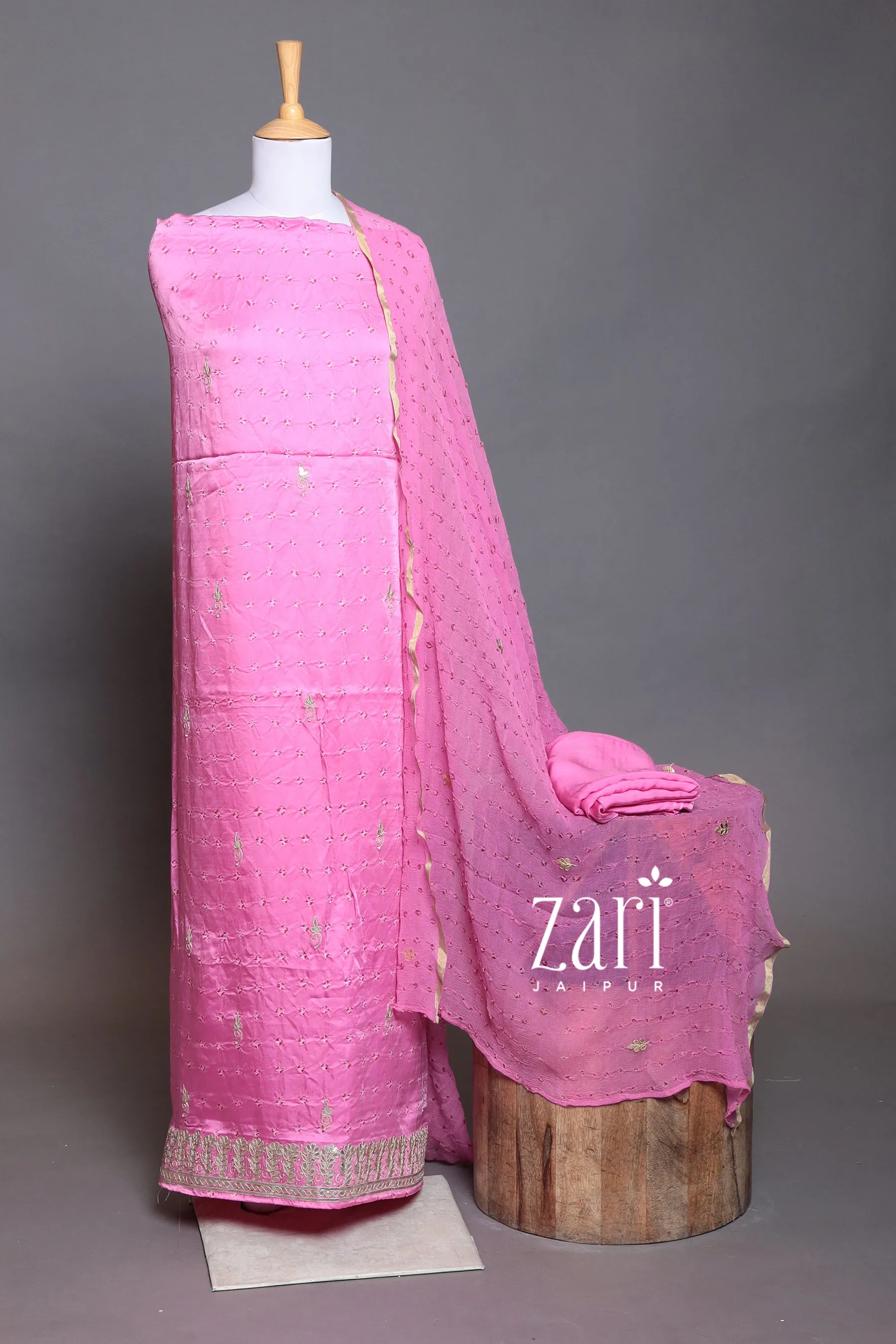 Bandhej Satin silk Unstitched Suit with Dori, Gota, Gota Patti, Sequins work.