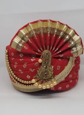 Beautiful Foil Printed Art Silk Turban in Red For Men