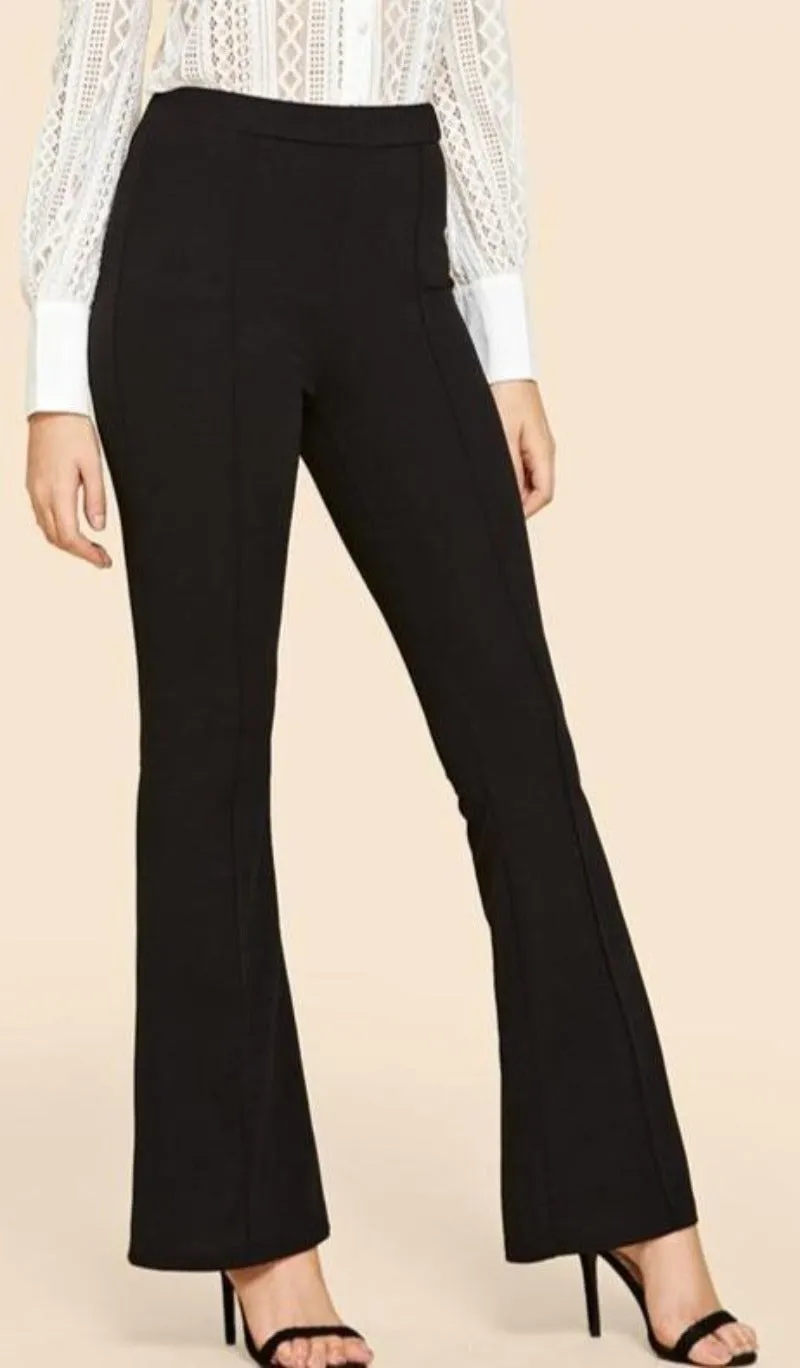 Black Vintage Contrast Binding Flare Leg Elastic Waist Elegant Pants