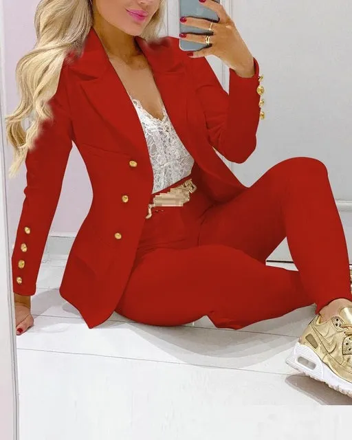 Blazer pant suits two piece set women business office matching outfits White red pink yellow black 2021fall clothes for women