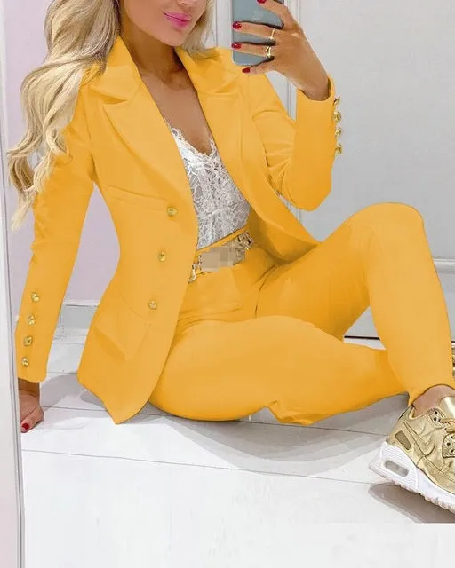 Blazer pant suits two piece set women business office matching outfits White red pink yellow black 2021fall clothes for women