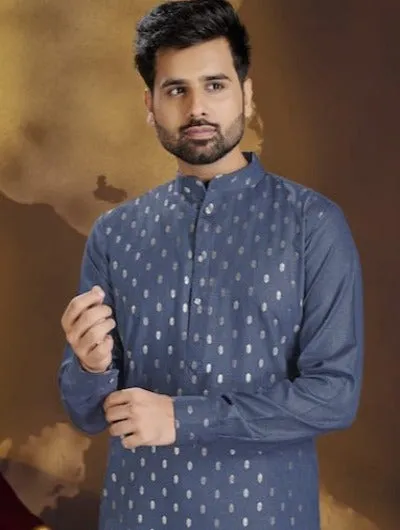 Blue Designer Gold Butti Cotton Men Kurta Pajama