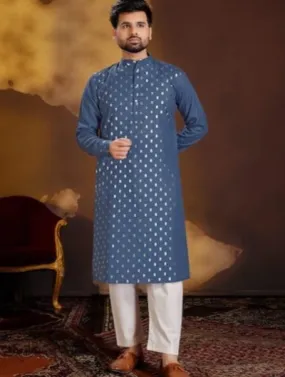 Blue Designer Gold Butti Cotton Men Kurta Pajama