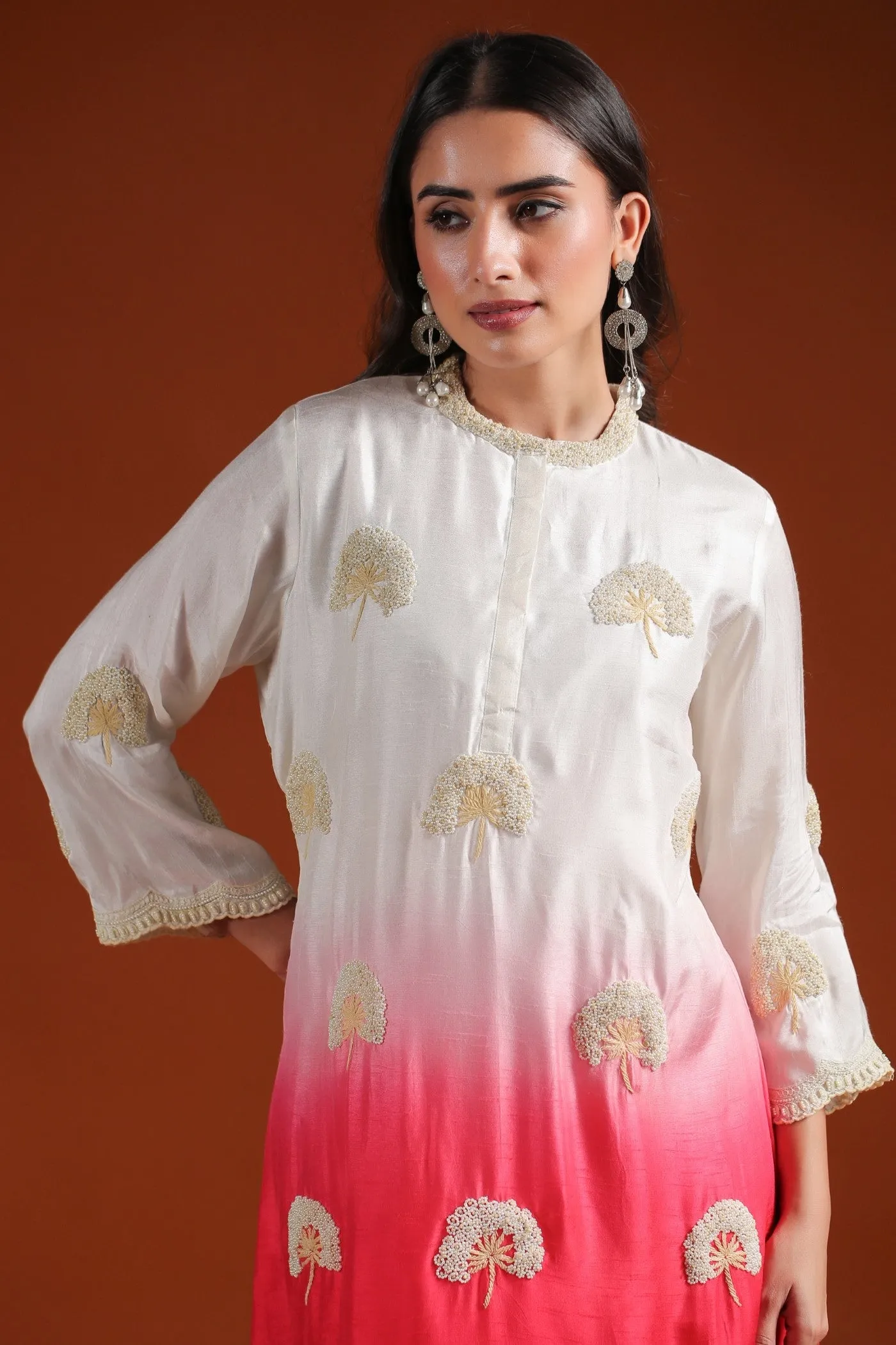 Bright Peach Beads Embroidered Ombre Kurta with Pant