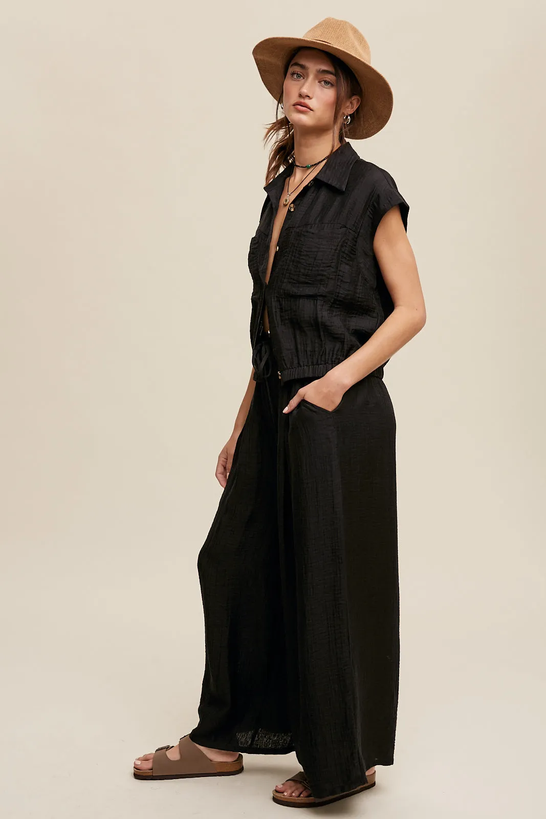 Button Down Top and Pleated Wide Leg Pants Set