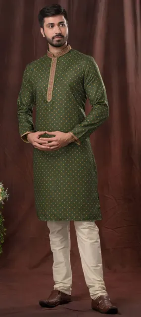 Charming Green Color Kurta Suits With Pajama Pant For Men