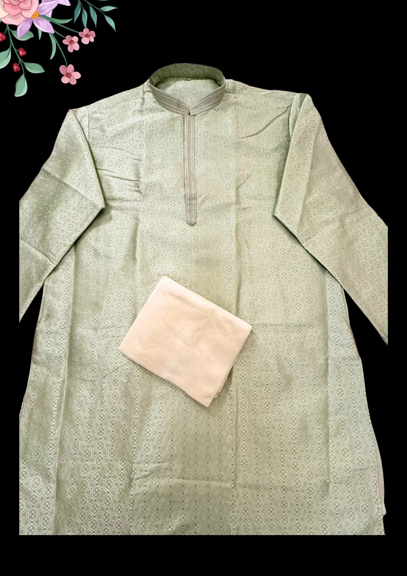 Charming Green Colored Silk Cotton Silver Brocade Kurta With Thread Work For Men