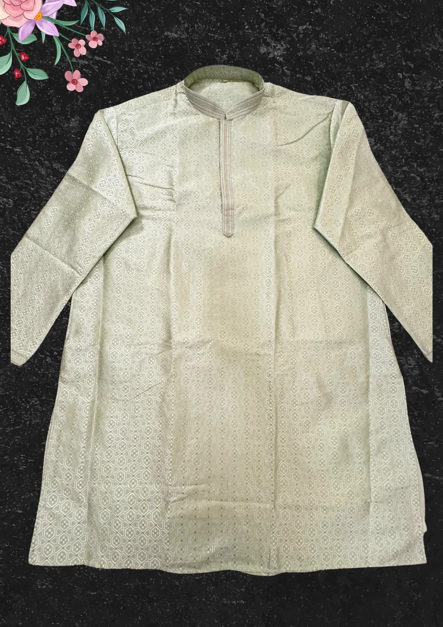 Charming Green Colored Silk Cotton Silver Brocade Kurta With Thread Work For Men