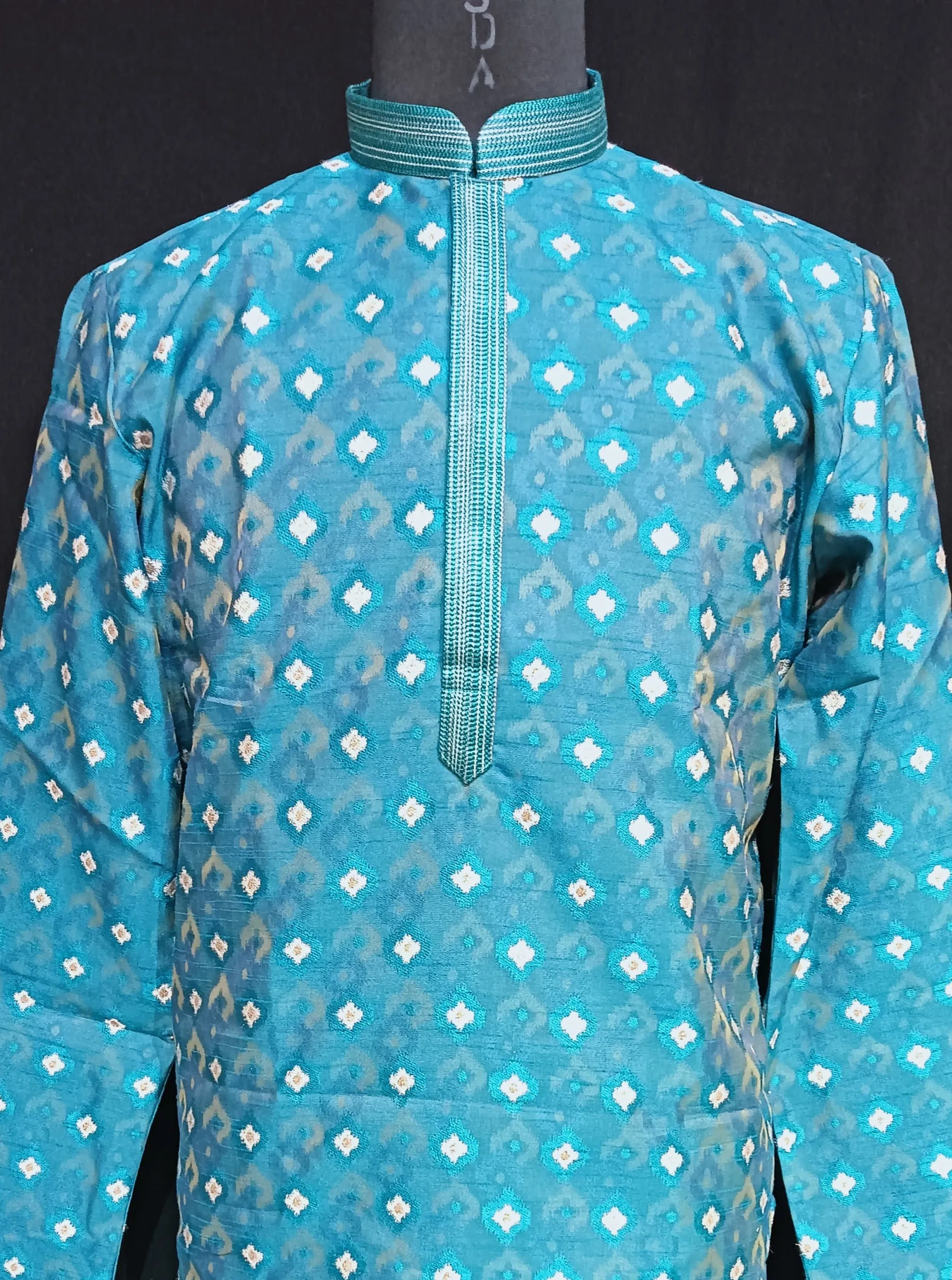 Charming Skyblue Color Thread Embroidery Work Kurta And Pajama With Linning For Men