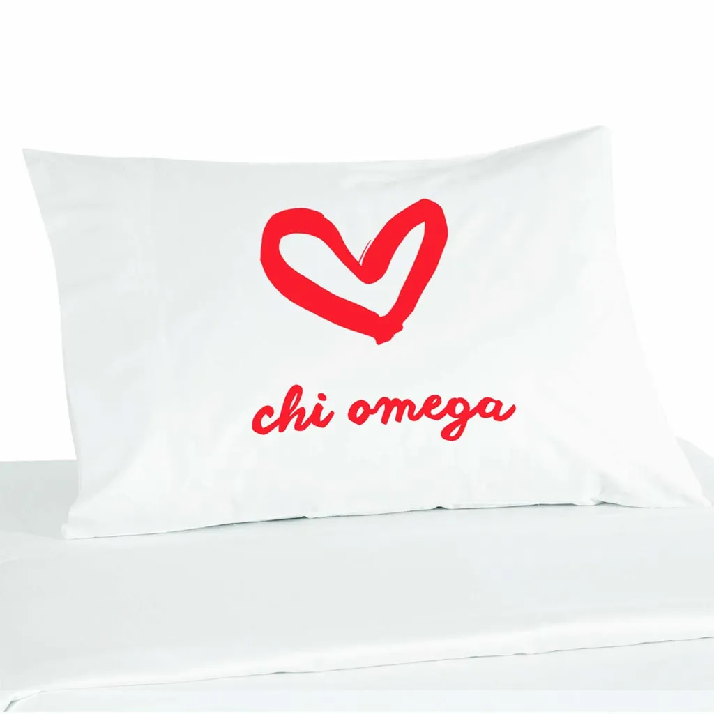 Chi Omega Sorority Name with Heart Design on Printed Pillowcase