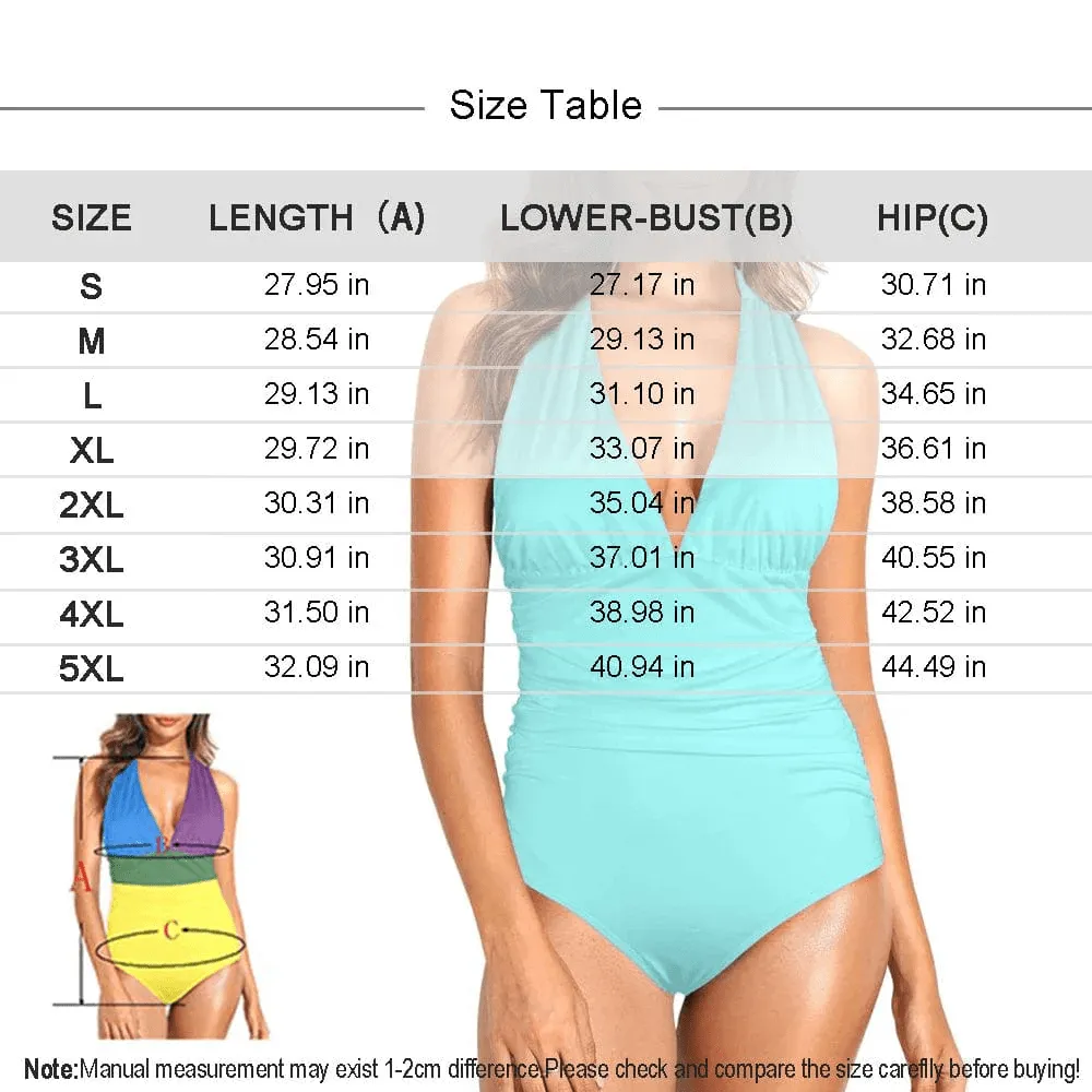 Custom Face Orange Leaves Women's Halter Neck Tie One Piece Swimsuit Sexy Backless Wide Straps V Neck