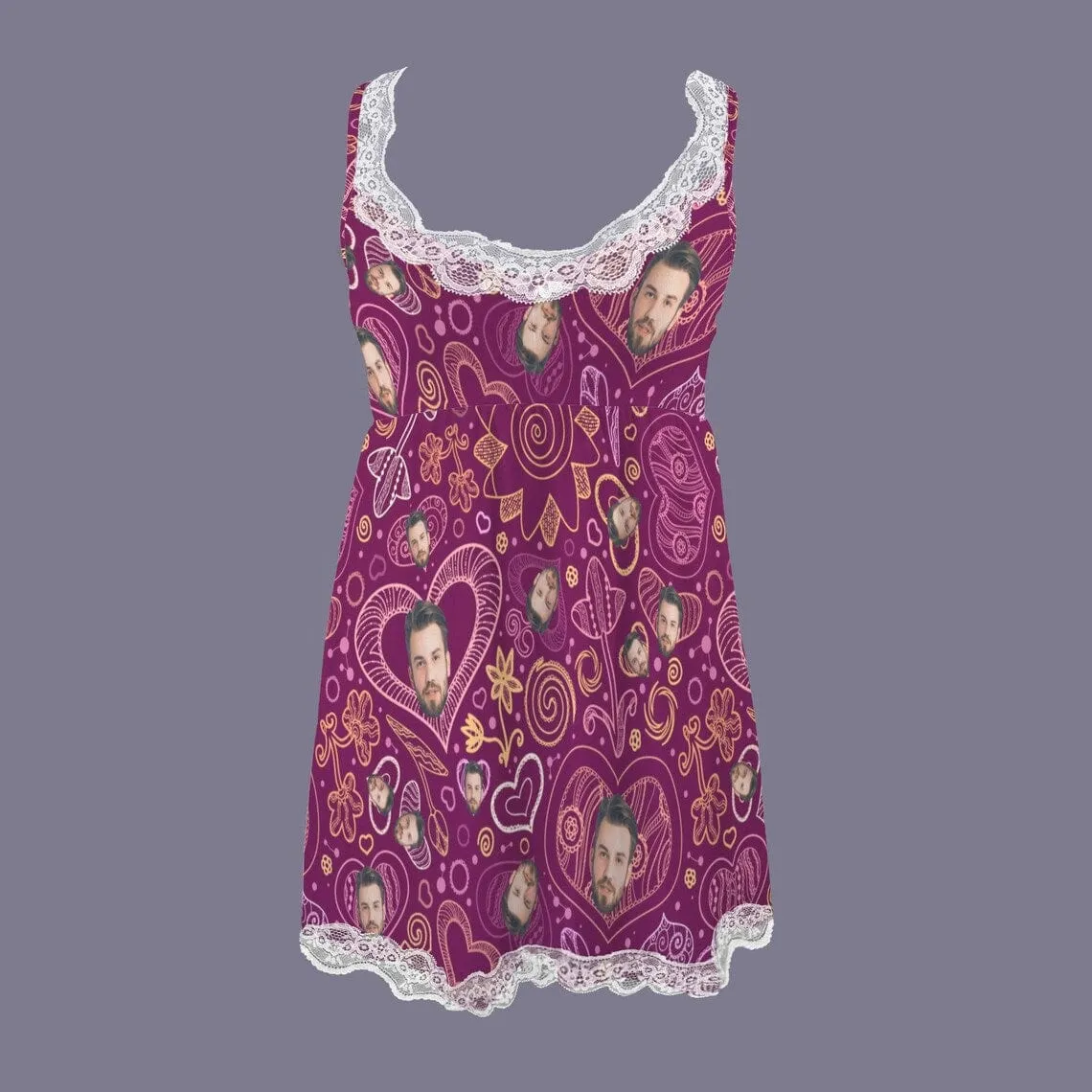 Custom Face Purple Women's Cami V-Neck Lace Suspenders Nightdress Valentine's Day Pajama Gifts for Her