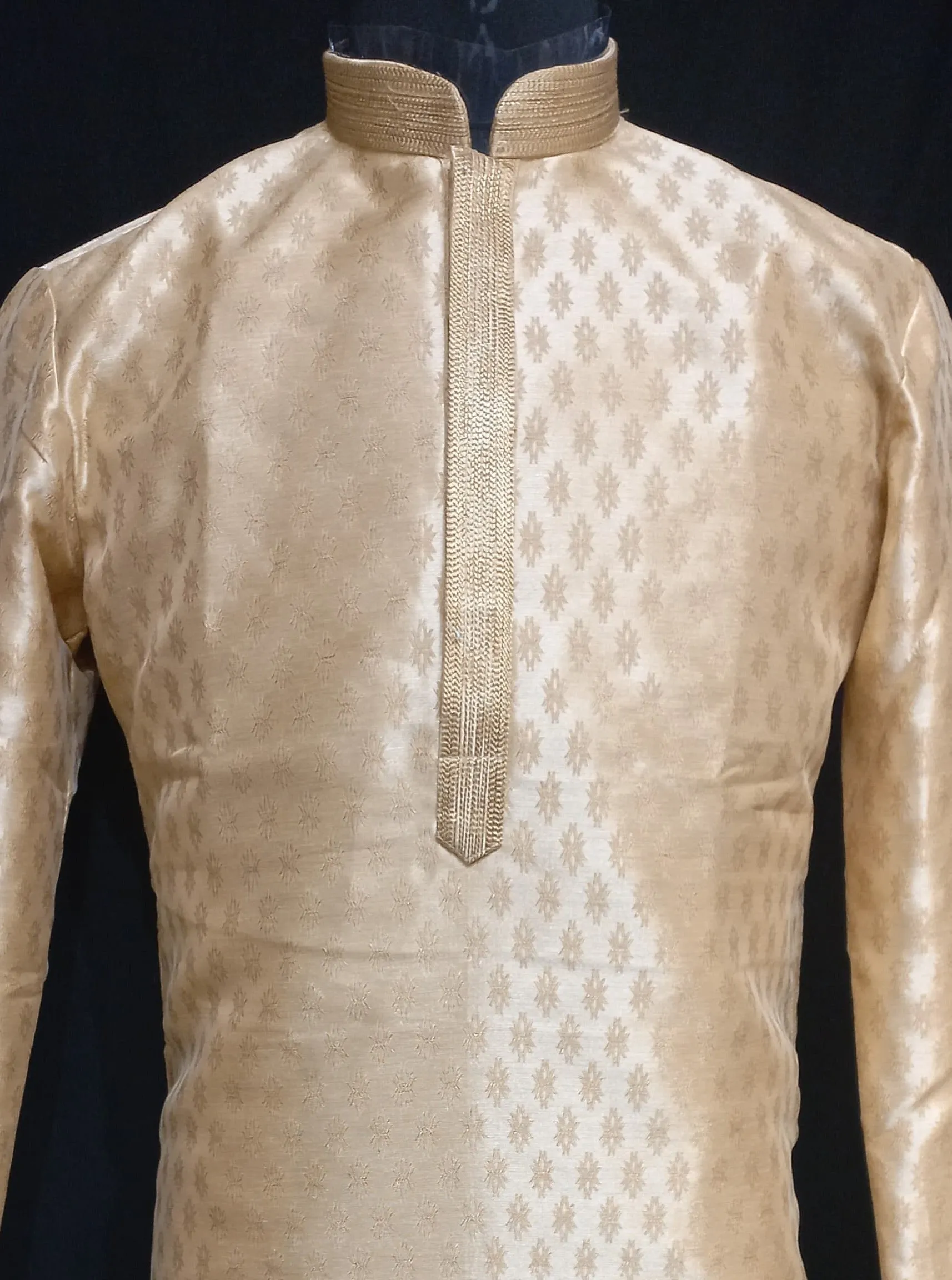 Dazzling Gold Colored Zari Work Banarasi Brocade Lining Kurta Pajama Sets For Men