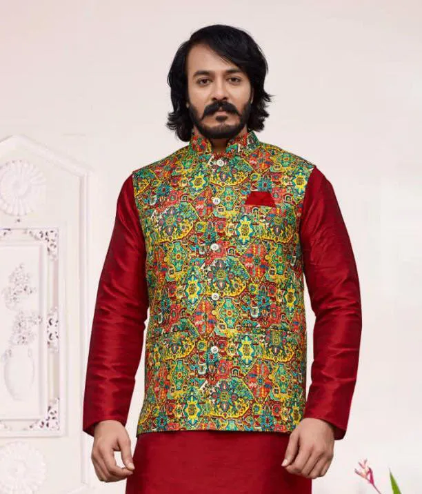 Dazzling Maroon Colored Silk Kurta And Pajama With Jacket For Men