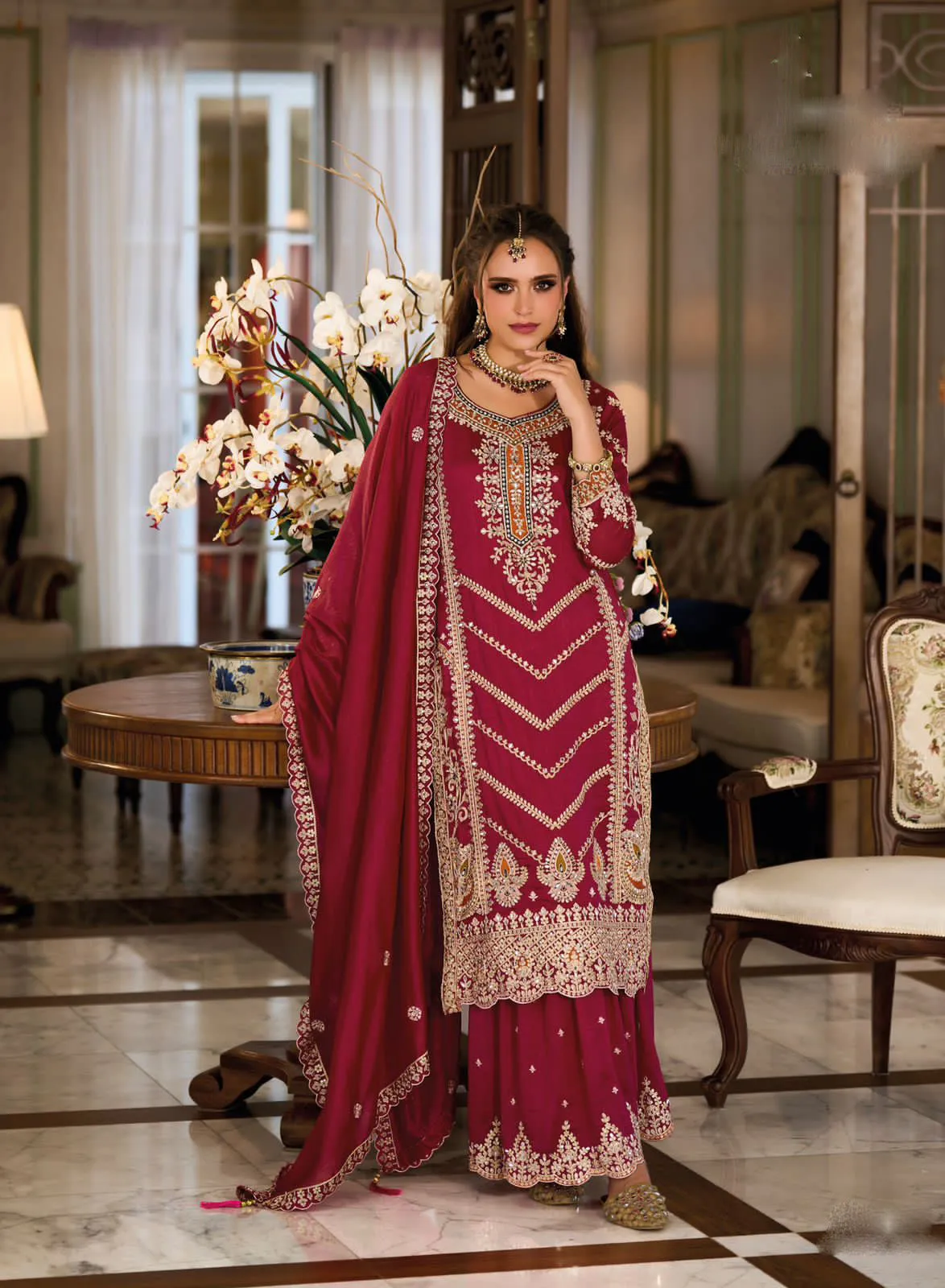 Dazzling Pink Color Premium Silk And Embroidery Work Sharara Suits With Dupatta For Women