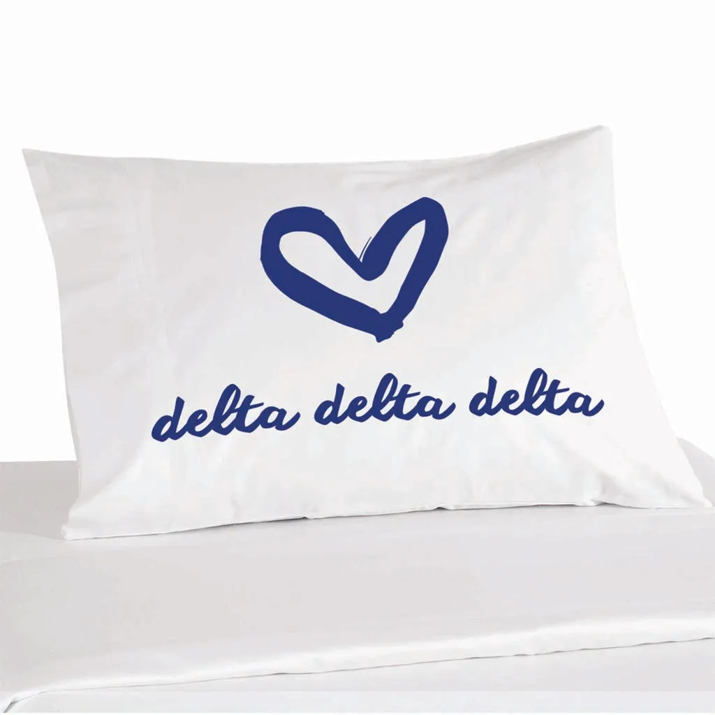 Delta Delta Delta Sorority Name with Heart Design on Printed Pillowcase