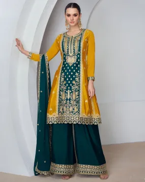 Embroidered Chinon Silk Palazzo Suits Green