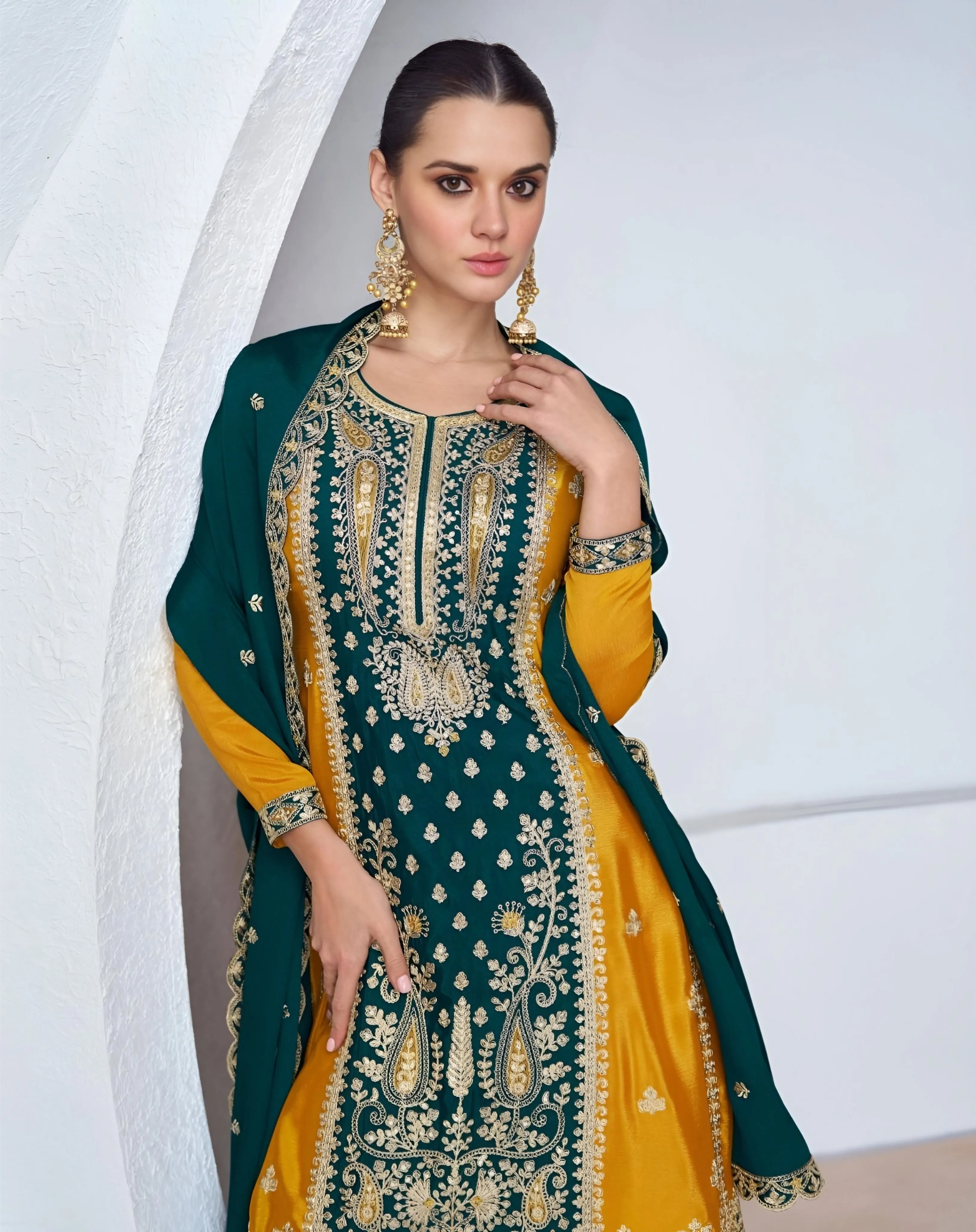 Embroidered Chinon Silk Palazzo Suits Green