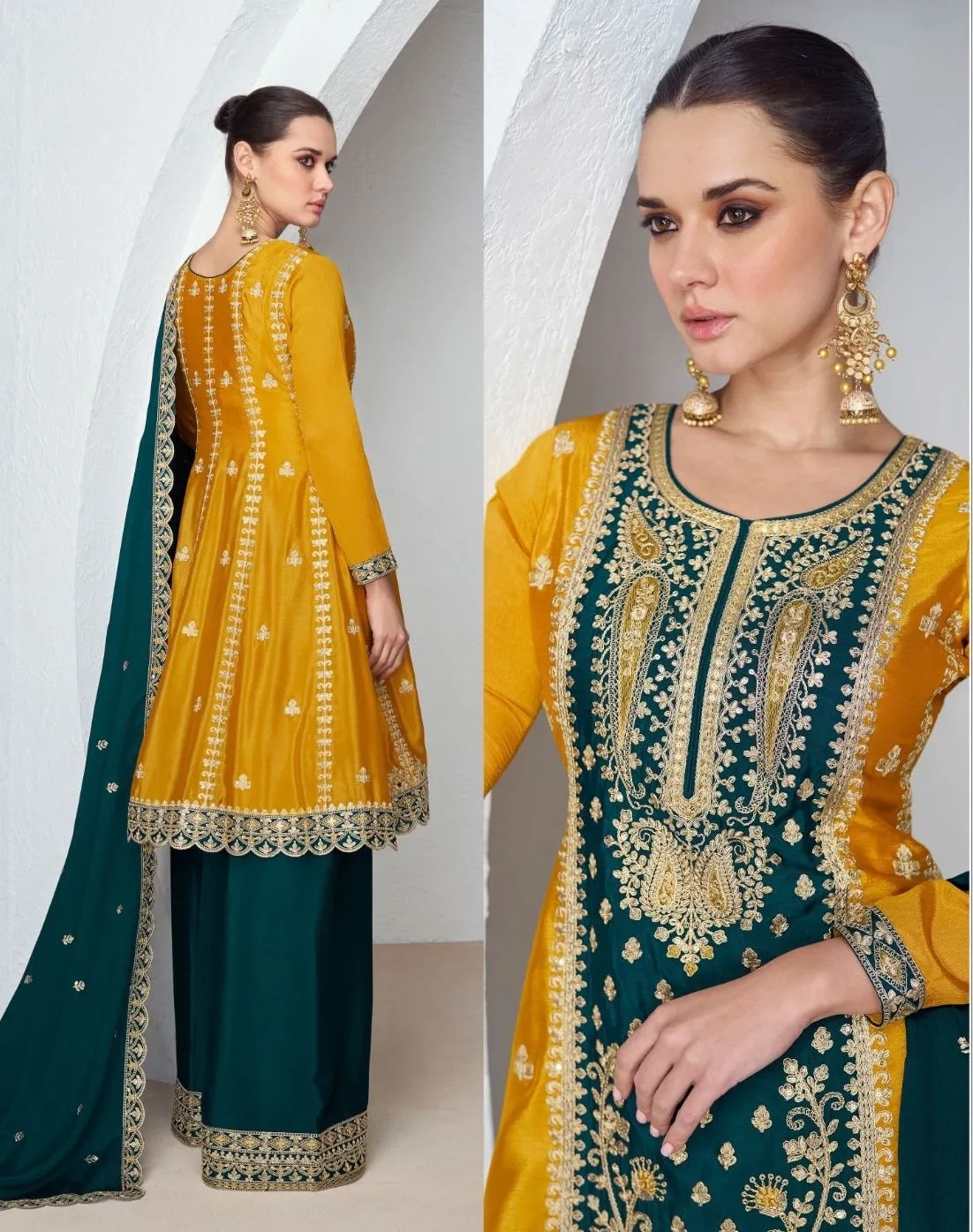 Embroidered Chinon Silk Palazzo Suits Green