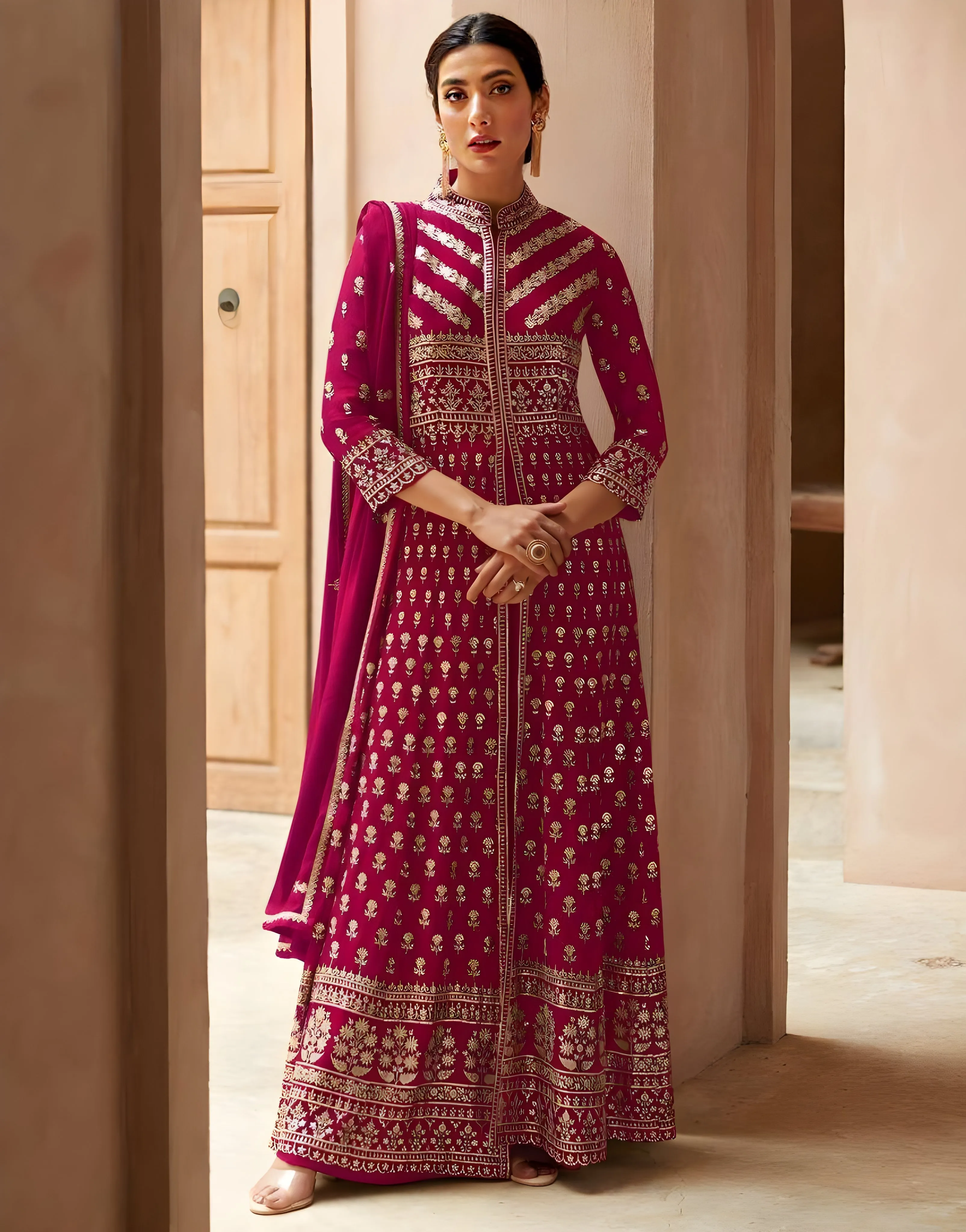 Embroidered Georgette Palazzo Suits Pink