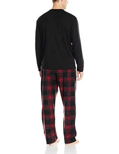 ESSENTIALS BY SEVEN APPAREL MEN'S LONG SLEEVE PAJAMA SET WITH FLEECE BOTTOM, BLACK/RED, SMALL