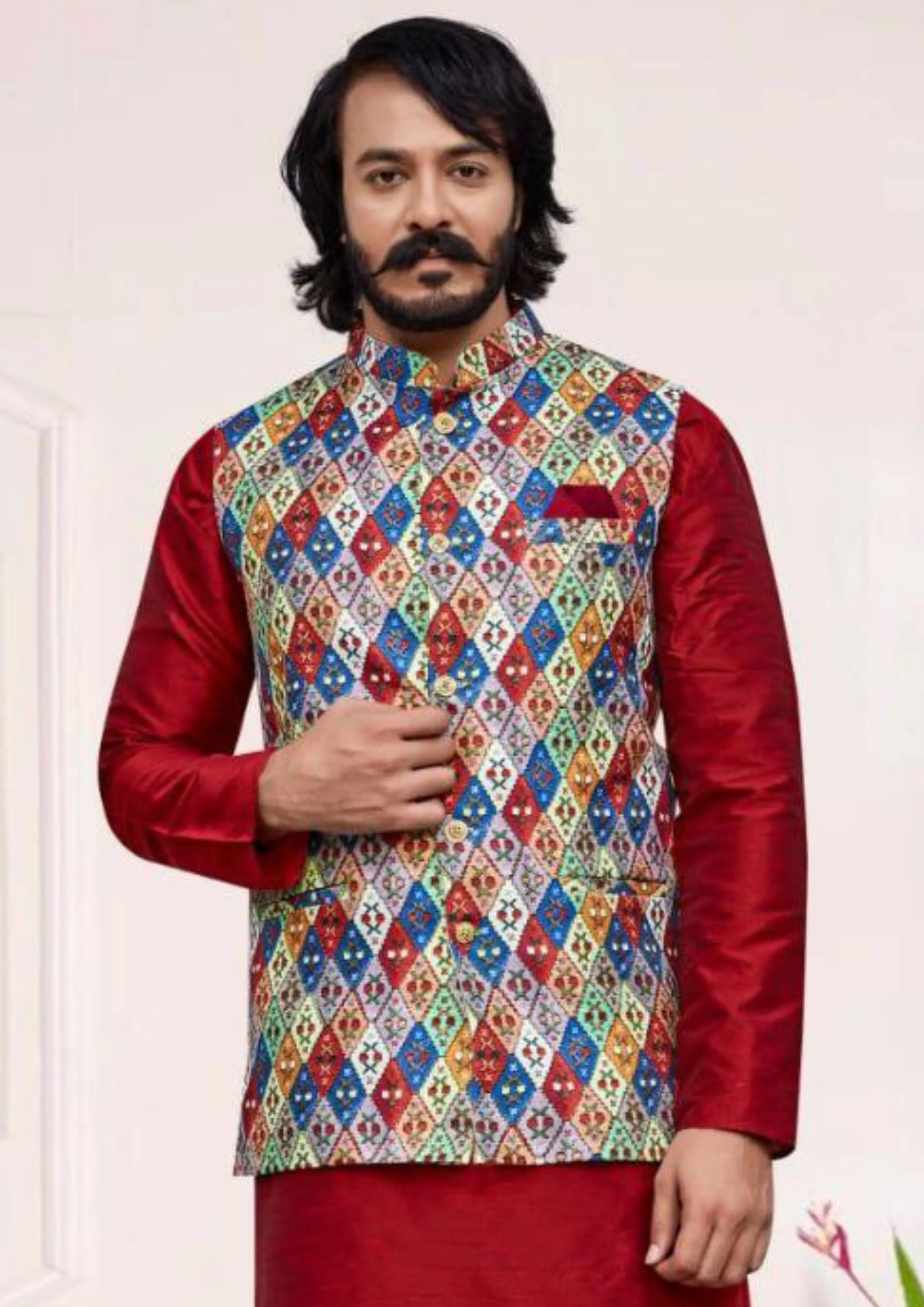 Fanciable Maroon Color Digital Print Work With Silk Kurta And Pajama With Cotton Jacket