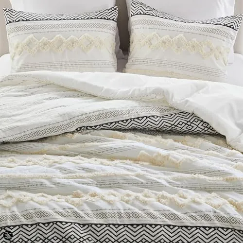 Farmhouse Bedding Comforter Sets, Ivory Full/Queen Size Boho Bed Set,Cotton Top with Modern Neutral Style Clipped Jacquard Stripes, 3-Pieces Including Pillow Shams (90x90 Inches)