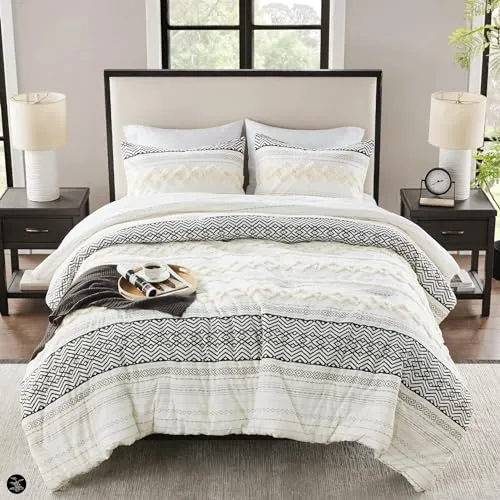 Farmhouse Bedding Comforter Sets, Ivory Full/Queen Size Boho Bed Set,Cotton Top with Modern Neutral Style Clipped Jacquard Stripes, 3-Pieces Including Pillow Shams (90x90 Inches)