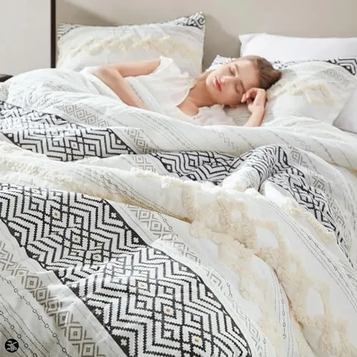 Farmhouse Bedding Comforter Sets, Ivory Full/Queen Size Boho Bed Set,Cotton Top with Modern Neutral Style Clipped Jacquard Stripes, 3-Pieces Including Pillow Shams (90x90 Inches)