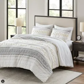 Farmhouse Bedding Comforter Sets, Ivory Full/Queen Size Boho Bed Set,Cotton Top with Modern Neutral Style Clipped Jacquard Stripes, 3-Pieces Including Pillow Shams (90x90 Inches)