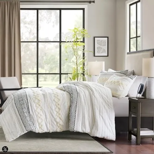 Farmhouse Bedding Comforter Sets, Ivory Full/Queen Size Boho Bed Set,Cotton Top with Modern Neutral Style Clipped Jacquard Stripes, 3-Pieces Including Pillow Shams (90x90 Inches)