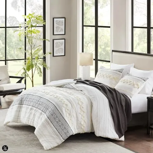 Farmhouse Bedding Comforter Sets, Ivory Full/Queen Size Boho Bed Set,Cotton Top with Modern Neutral Style Clipped Jacquard Stripes, 3-Pieces Including Pillow Shams (90x90 Inches)