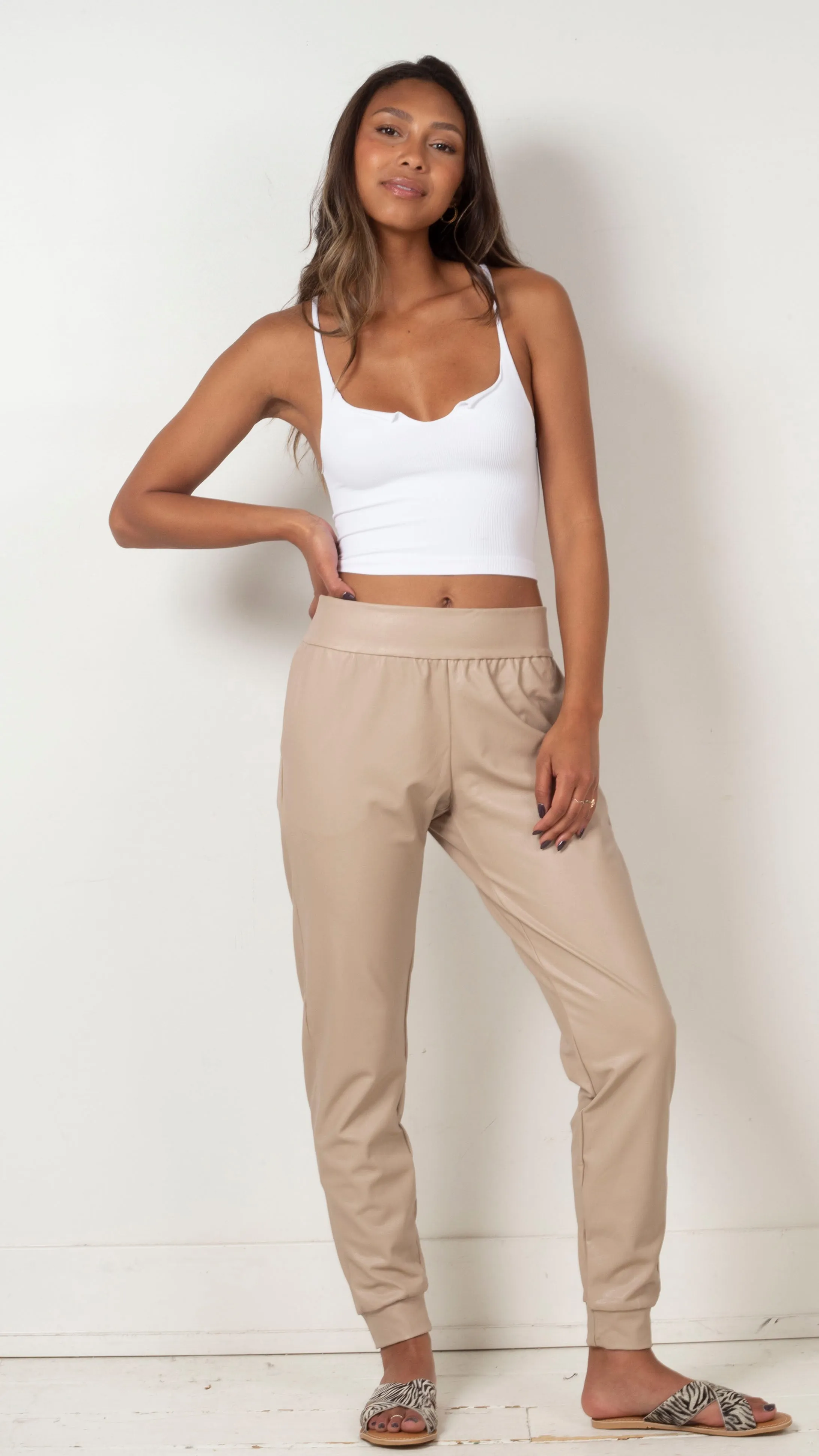 Faux Leather Jogger - Sand