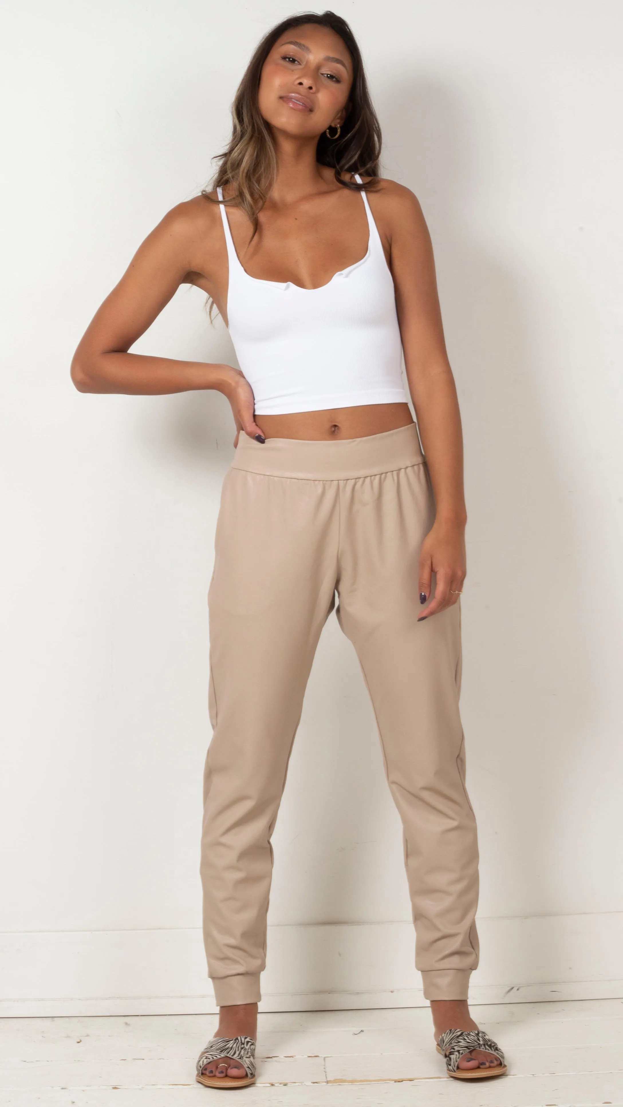 Faux Leather Jogger - Sand