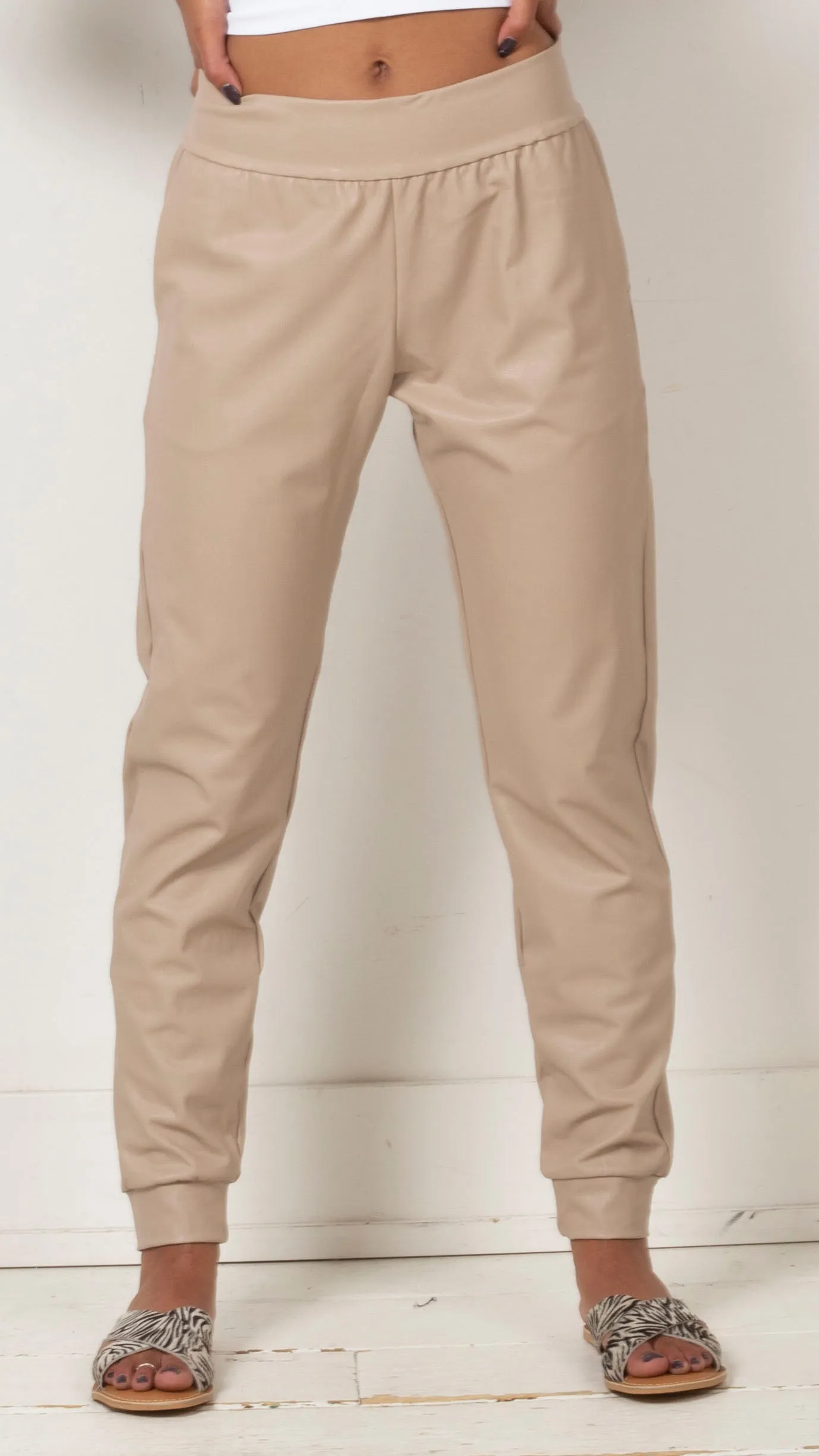 Faux Leather Jogger - Sand