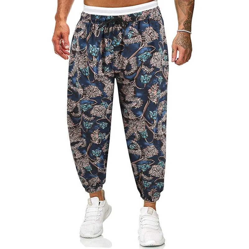 Foesce -New Men Pants Casual Cotton Linen Baggy Pant Color-blocking Floral Drawstring Trousers Fashion Sweatpants Streetwear Male