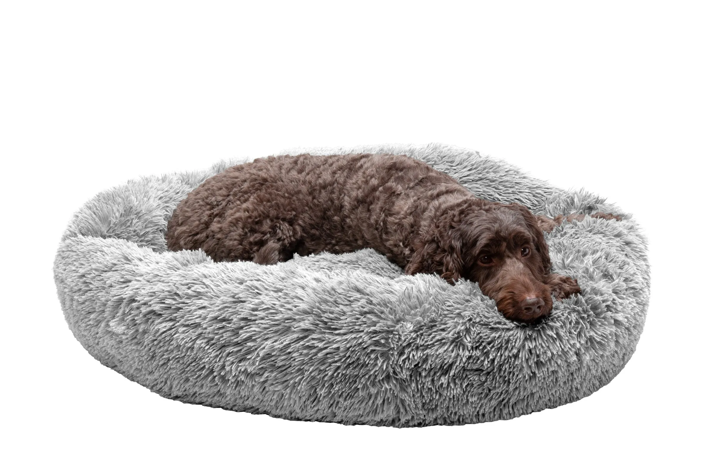 FurHaven Calming Cuddler Long Fur Donut Bed - Large 36, Mist Gray